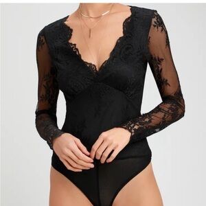 Never worn!! Lulus Long Sleeve Black Lace Bodysuit small